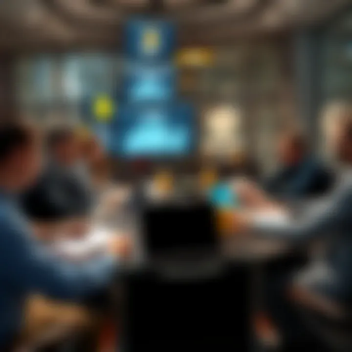 People engaging in a lively discussion about Bitcoin with laptops and notebooks at a table