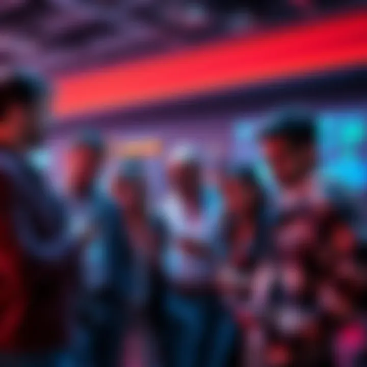 A group of people discussing cryptocurrency trends cautiously, some checking their phones for updates and others sharing tips.