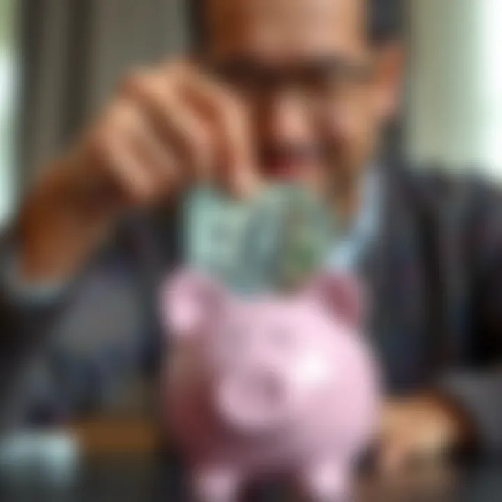 Daily Investment Strategy A person placing a $15 bill into a piggy bank with a calm expression, symbolizing daily investments for financial peace.