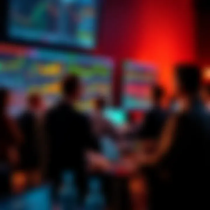 Daily Trading Discussion A group of people engaging in a discussion about trading strategies and market events with charts and graphs visible on screens