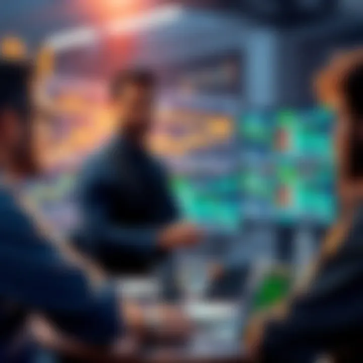 A group of traders sharing insights and strategies at a virtual meeting, discussing market trends and analysis.