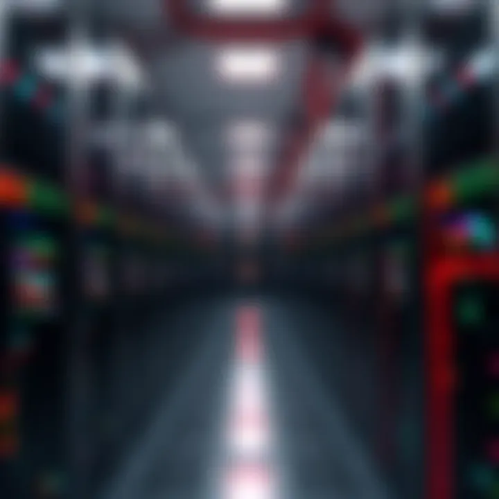 A data center filled with servers shifting from AI operations to Bitcoin mining, showing mining rigs and graphics cards in action.