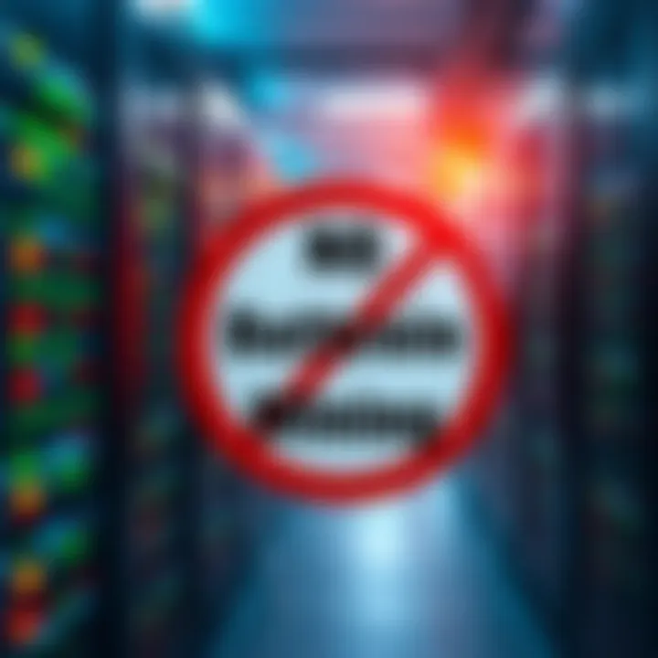 Data Center Without Buttcoin Mining A modern data center with rows of servers, showing a sign saying 'No Buttcoin Mining' prominently