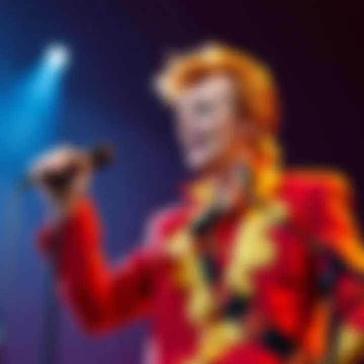 David Bowie in a colorful outfit singing passionately into a microphone during a live concert