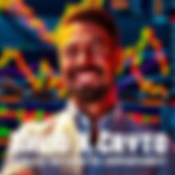 David X Crypto smiling confidently, standing in front of a digital screen displaying cryptocurrency charts, symbolizing his return to the crypto community