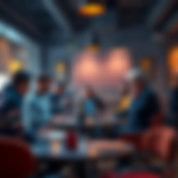 Group of people discussing Ethereum's premine with charts and laptops in a coffee shop setting