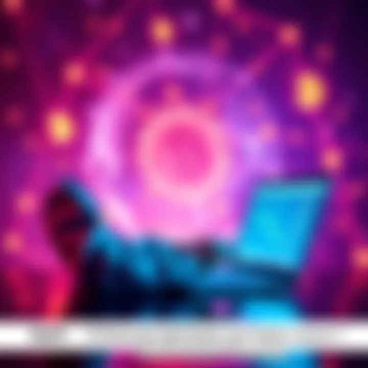 Decentralized Finance Concept A digital representation of a person managing finances on a laptop with blockchain symbols in the background, highlighting user control and financial autonomy during global tensions.