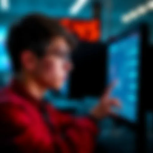 A worried person looking at a computer screen displaying decreasing earnings stats.