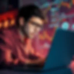 A person analyzing digital currency charts on a laptop, looking frustrated with a blockchain graphic in the background.