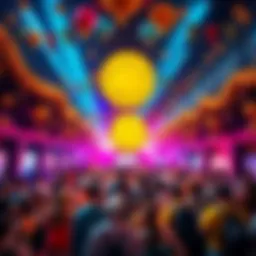 A vibrant gathering of people enjoying a lively atmosphere, celebrating Degen Coin with colorful decorations and crypto-themed displays.