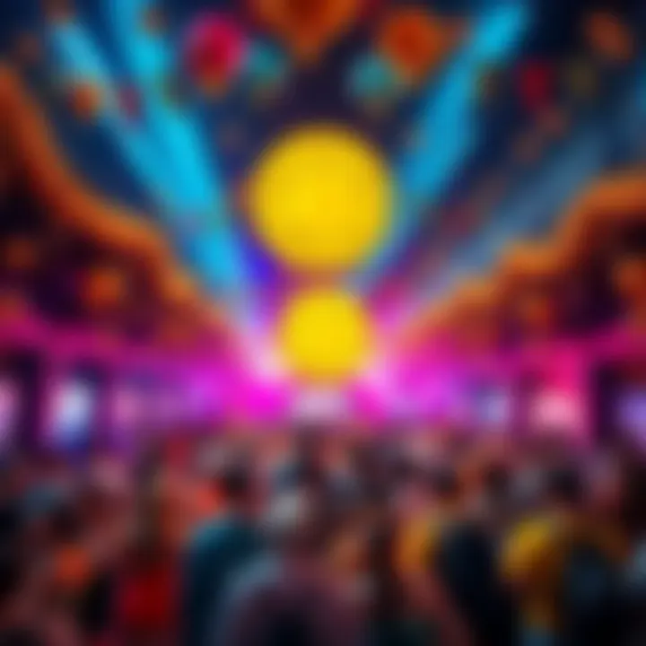Degen Coin Community Celebration A vibrant gathering of people enjoying a lively atmosphere, celebrating Degen Coin with colorful decorations and crypto-themed displays.