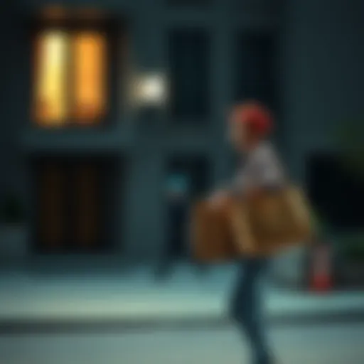 A delivery driver holding a bag of food, looking frustrated outside an apartment building, while a person walks away with empty hands.