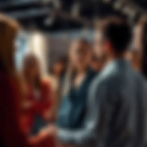 A designer shows new fashion concepts to a group of people for feedback, encouraging discussion and input.