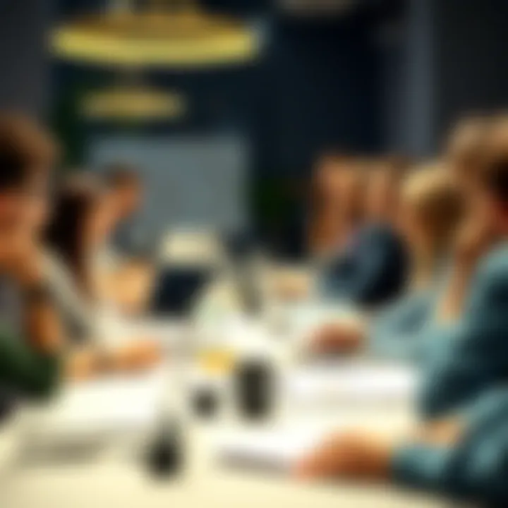 A diverse group of people discussing open source projects at a table during the Developer Experience Working Group meeting at Intersect MBO, with laptops and notes in front of them.