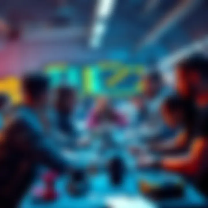 A diverse group of developers brainstorming ideas and coding during the QIE Blockchain Hackathon, focused on creating Web3 applications.