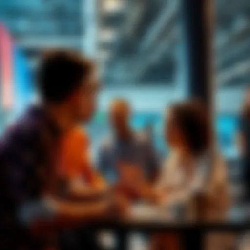 A group of developers brainstorming ideas at a modern workspace, focused on solving tech challenges together.