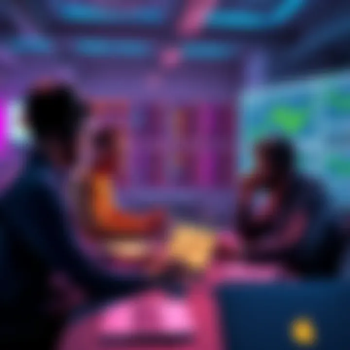 A group of developers discussing concerns about the US being labeled the leading crypto capital, showing charts and laptops in a modern workspace.