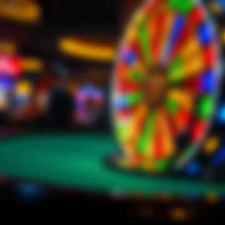 A close-up of a colorful diamond wheel on a gambling table, with players watching and placing bets.