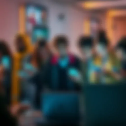 A group of diverse people communicating through their smartphones and laptops, showcasing modern digital interactions.