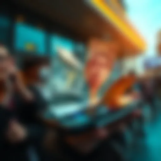 A visual representation of traditional banknotes transforming into digital currency on a smartphone screen, with worried people in the background.