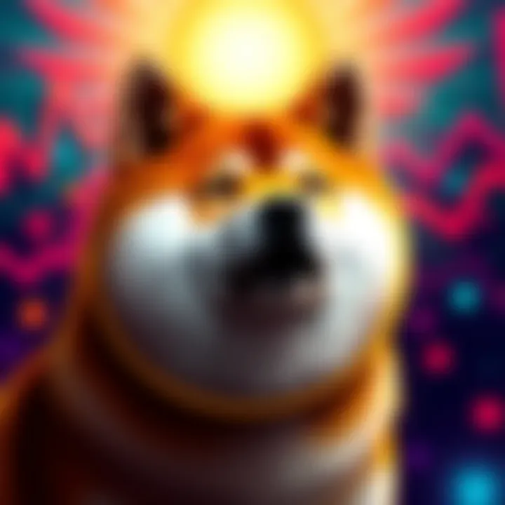 A close-up of the Dogecoin symbol featuring a Shiba Inu dog against a colorful background, representing its community and market presence.