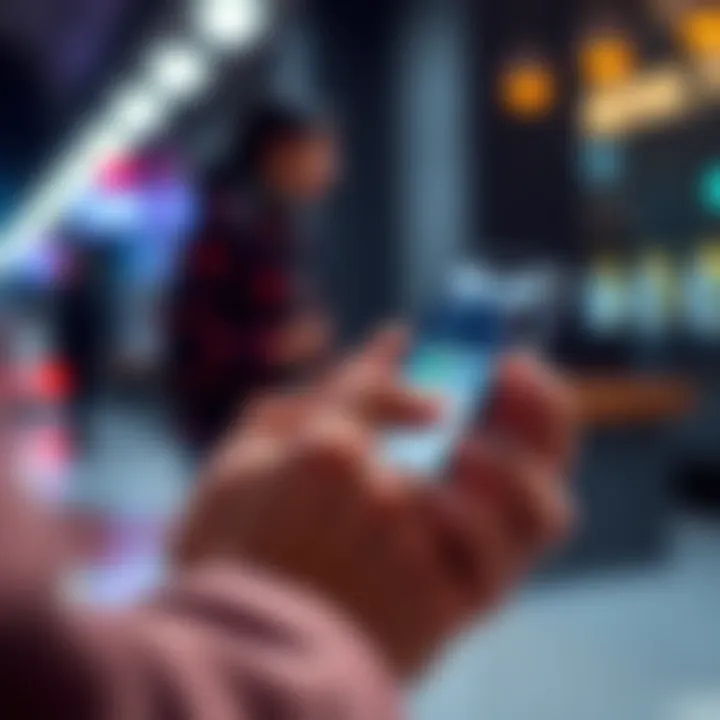 A person using a smartphone to make a payment, showing a digital wallet app on the screen