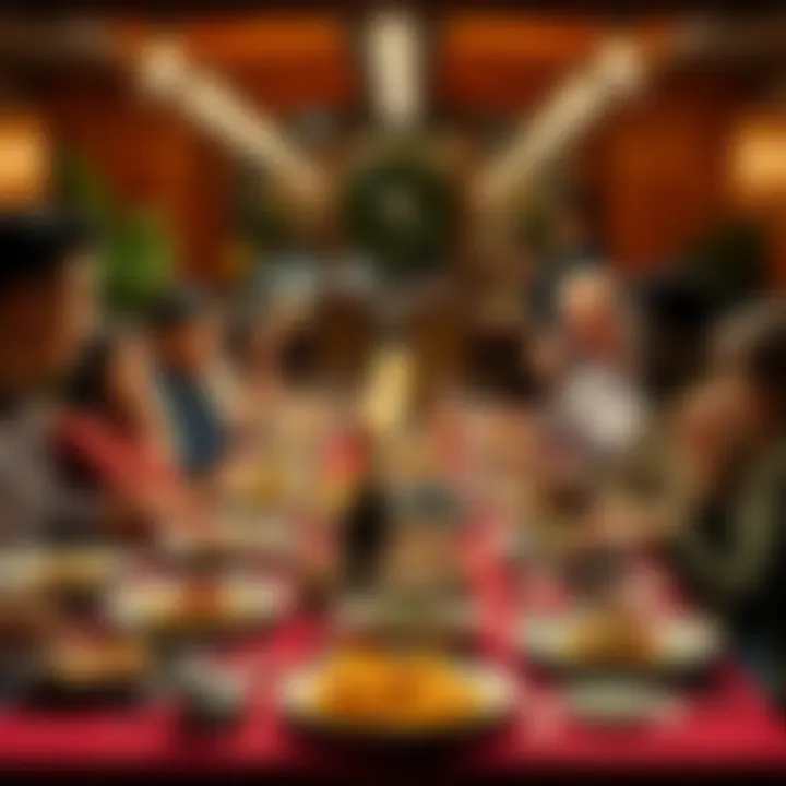 A colorful dinner table set with delicious food, people enjoying a meal together with laughter and joy.