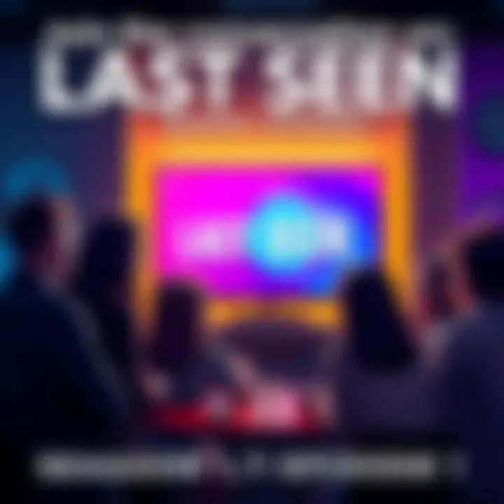 A group of people chatting excitedly about Last Seen, Season 1, Episode 1, with a vibrant background of a TV screen showing the show's logo.