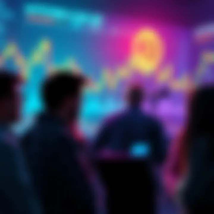 A group of people discussing cryptocurrency trends, focusing on Bitcoin and altcoins, with charts and graphs in the background.