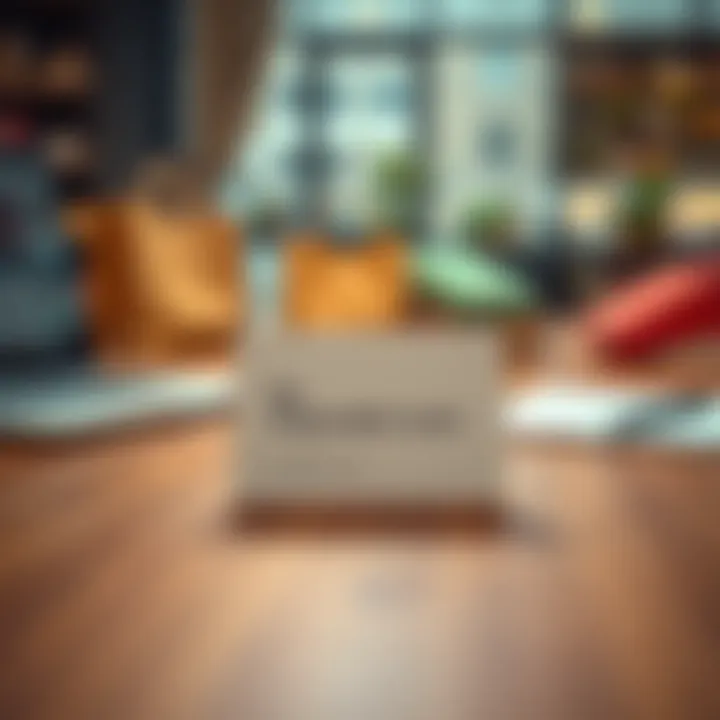 A disposable credit card with no name displayed on a wooden table, next to a laptop and shopping items, illustrating online privacy during purchases.