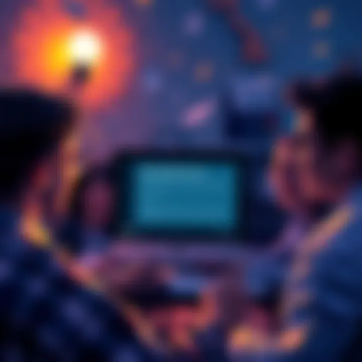 A person looking at a computer screen with a notification about a new distribution payout next month, surrounded by calculation notes and excited expressions from others in the background.