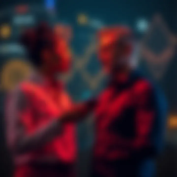 A couple discussing how to split their Coinbase crypto account with Bitcoin and Ethereum graphics in the background.