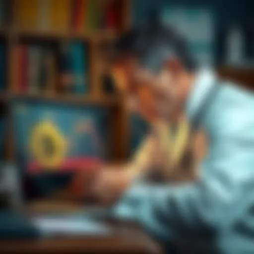 A worried doctor looks at a Bitcoin chart on a laptop, contemplating investing savings, with medical books in the background.