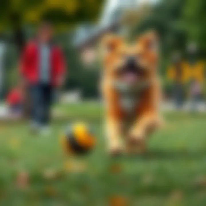 A happy dog running to retrieve a ball during a game of fetch with its owner in a park