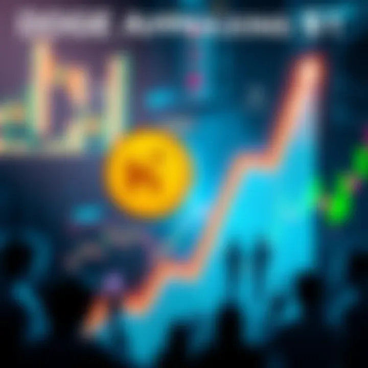 A digital representation of a Dogecoin logo with a rising graph symbolizing price growth, surrounded by charts and community interactions.