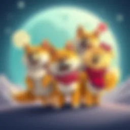 A group of cheerful cartoon dogs representing the Doge Family, celebrating and inviting people to join their journey, with a rocket and moon in the background.