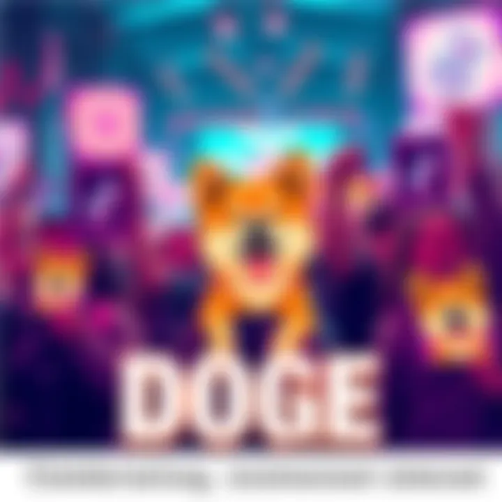 A group of people holding up signs with Doge memes, smiling and celebrating. Bright colors and social media icons in the background, symbolizing a movement to promote Dogecoin on TikTok and Instagram.
