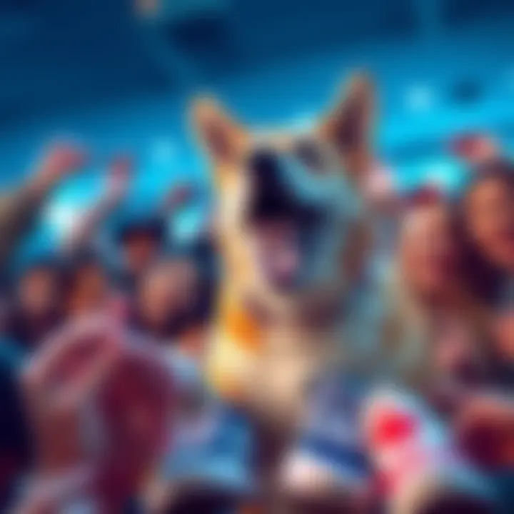 Doge the dog humorously requesting support for new shoes while surrounded by cheerful fans