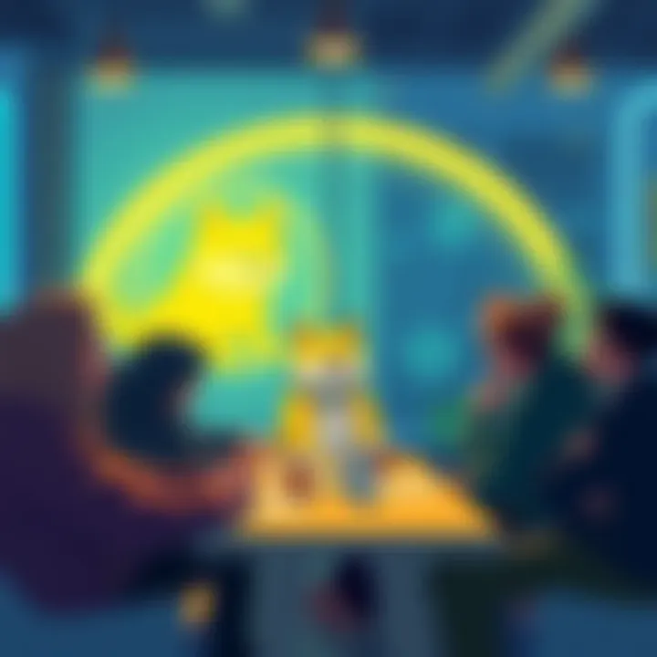A group of people discussing their experiences with Doge Wallet 1.14.9, sharing tips and updates in a casual setting