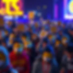 A large group of enthusiastic people holding Dogecoin signs and wearing meme-themed clothing at a gathering, showing their support for the cryptocurrency.