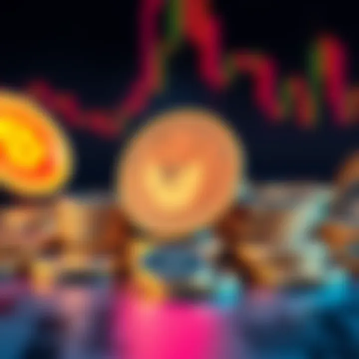 Dogecoin Cryptocurrency A graphic representation of Dogecoin coins stacked together, showcasing the cryptocurrency's logo and vibrant colors.