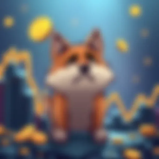 A cartoonish Dogecoin character looking sad as its value drops on a graph, with humorous elements around it.