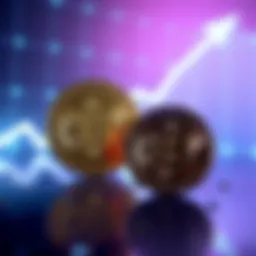 A visual representation of Dogecoin and Bitcoin, showcasing Dogecoin's logo alongside Bitcoin's logo, with an upward trend line in the background to indicate potential rise, reflecting the discussion on market predictions.