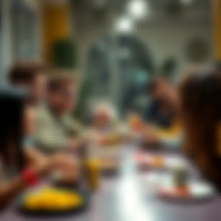 Dogecoin Community Lunch Gathering A group of people from the Dogecoin community enjoying lunch together, sharing food and laughter in a friendly atmosphere.