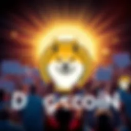 A bright and optimistic scene featuring the Dogecoin logo surrounded by happy fans holding signs about the future of cryptocurrency