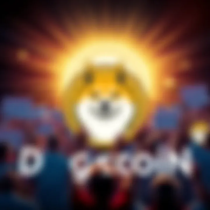 A bright and optimistic scene featuring the Dogecoin logo surrounded by happy fans holding signs about the future of cryptocurrency