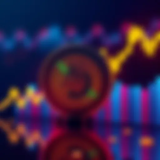 Dogecoin logo alongside a fluctuating market graph, representing the ups and downs of cryptocurrency