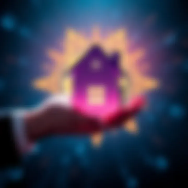 A person holding a house key with Dogecoin logo in the background, symbolizing the use of cryptocurrency for home financing.