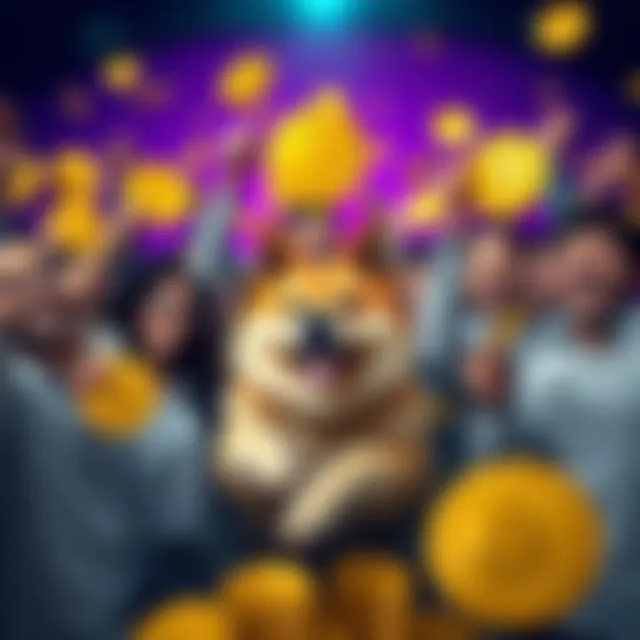 A diverse group of people celebrating while holding Dogecoin coins and counting money, representing collective investment in cryptocurrency.