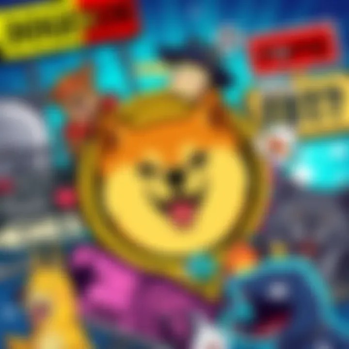 A vibrant illustration featuring the Dogecoin symbol surrounded by popular internet memes, showcasing its cultural impact.